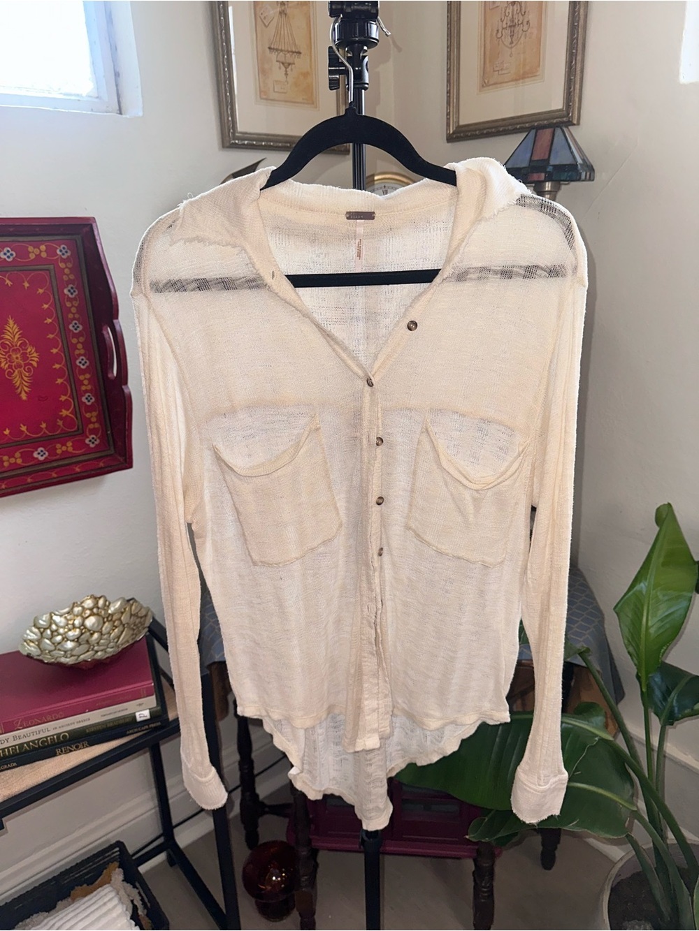 Free People Beach Open-Knit Hooded Button Sweater in Cream